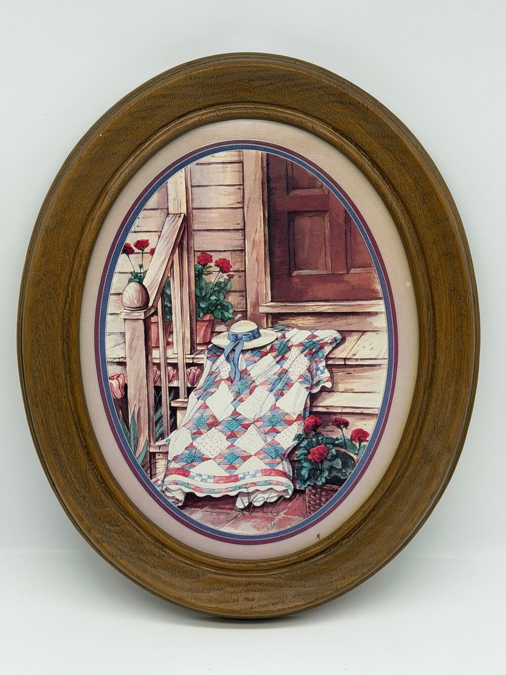 Vintage Oval Framed Country Porch & Quilt Wall Art - (12" x 15")